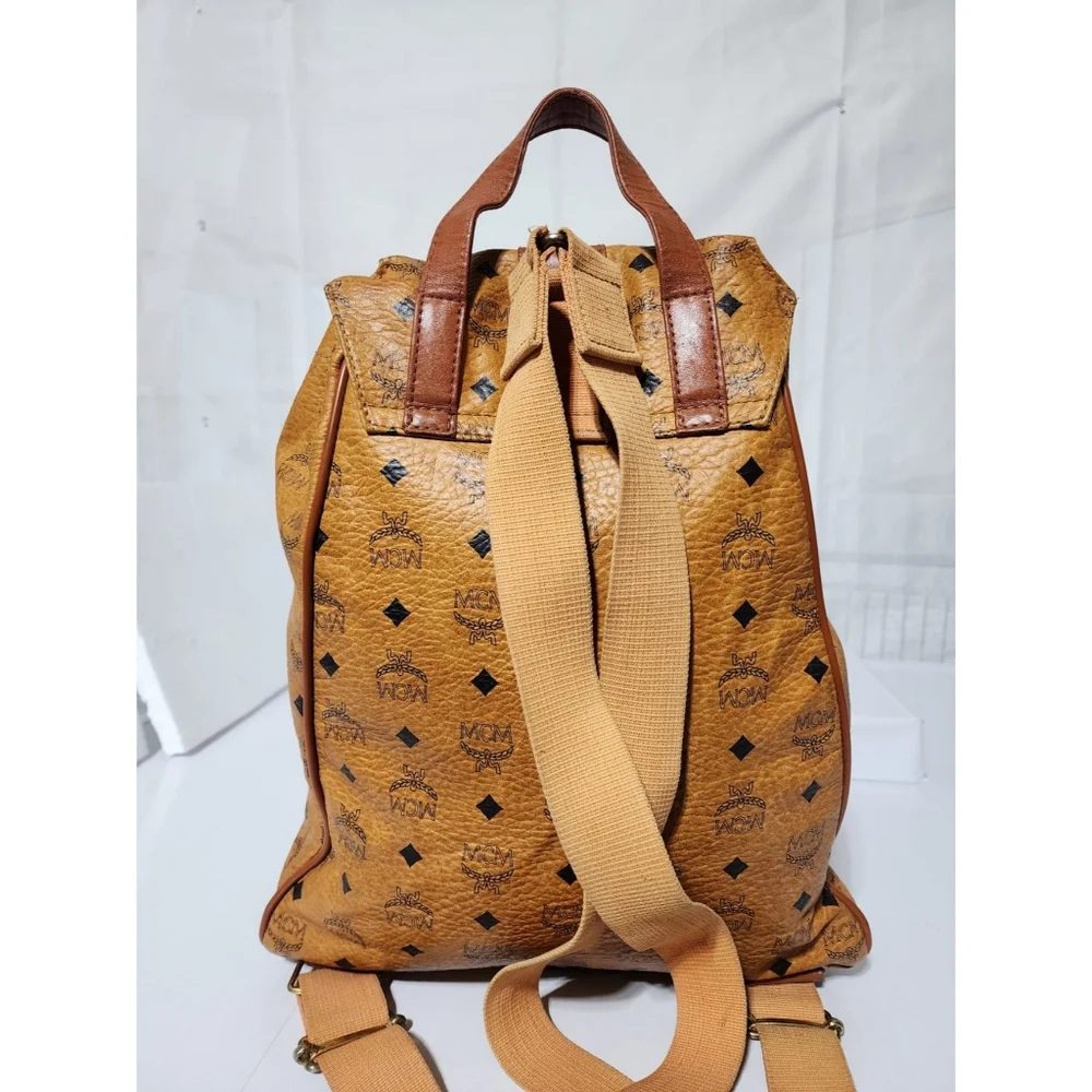 MCM Vintage Logo Print Coated Canvas Backpack Cognac
